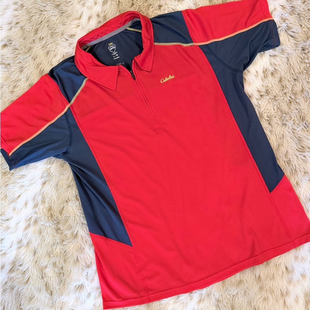Cabela's men’s deep orange/ red and charcoal  XPG polo shirt Dadcore. Golfcore!